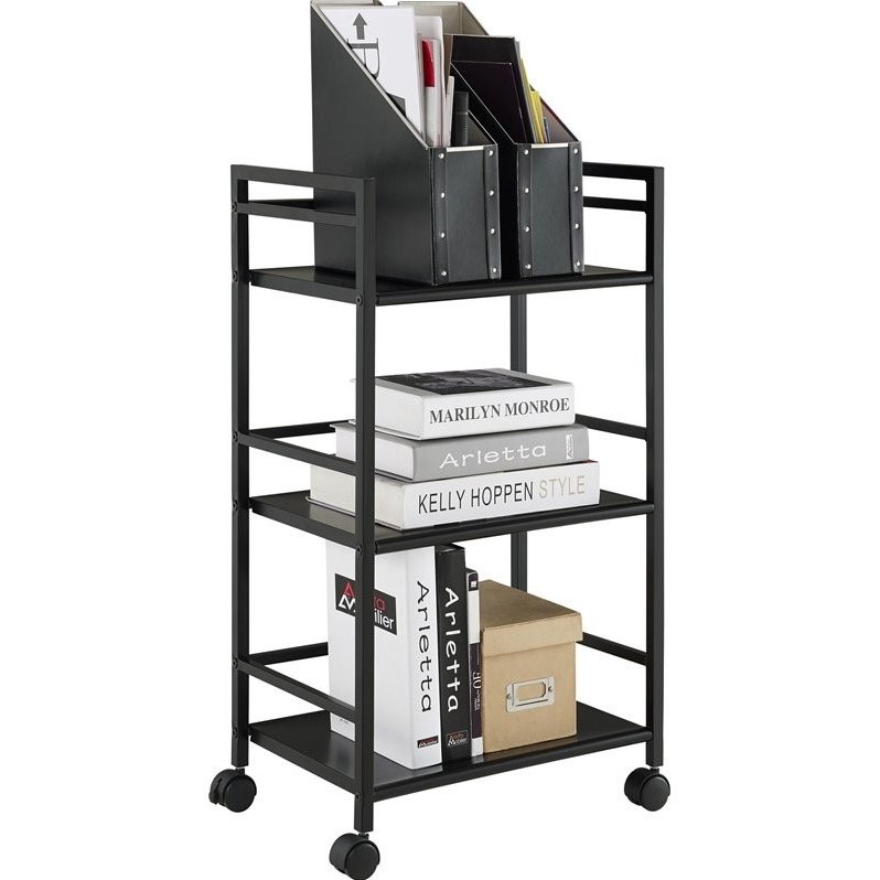 Pemberly Row Modern 3 Shelf Metal Rolling Utility Cart in Black
