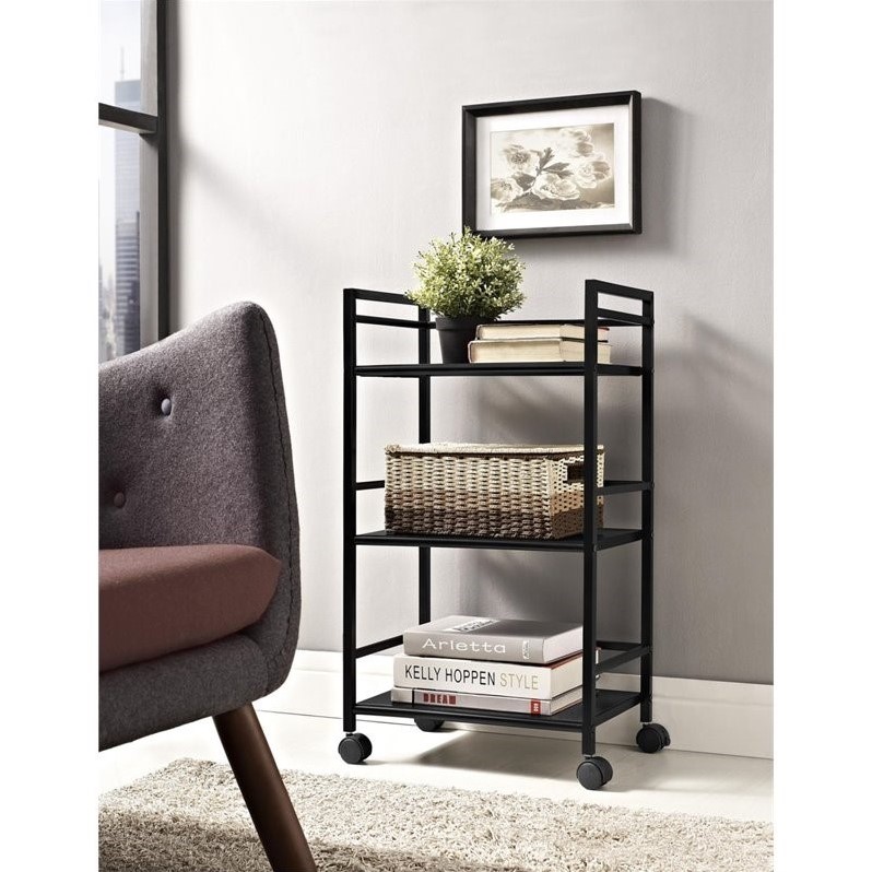 Pemberly Row Modern 3 Shelf Metal Rolling Utility Cart in Black