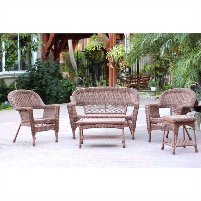 Pemberly Row 5 Piece Resin Wicker Outdoor Patio Conversation Set in Honey