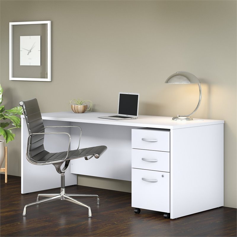 Pemberly Row 72W Office Desk with File Cabinet in White - Engineered Wood