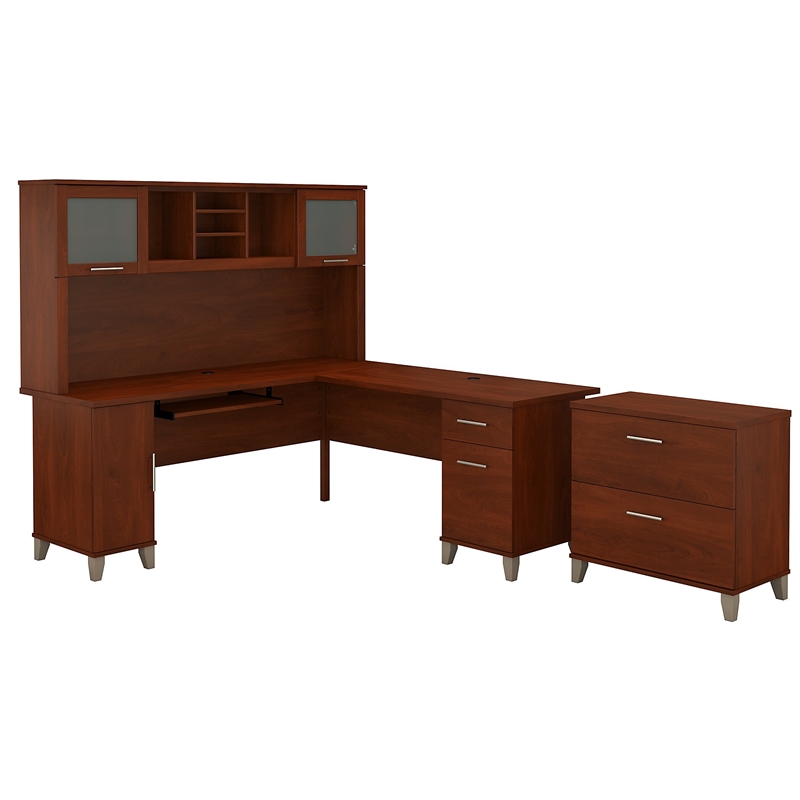 Pemberly Row 72W L Shaped Desk with Hutch and File Cabinet in Cherry
