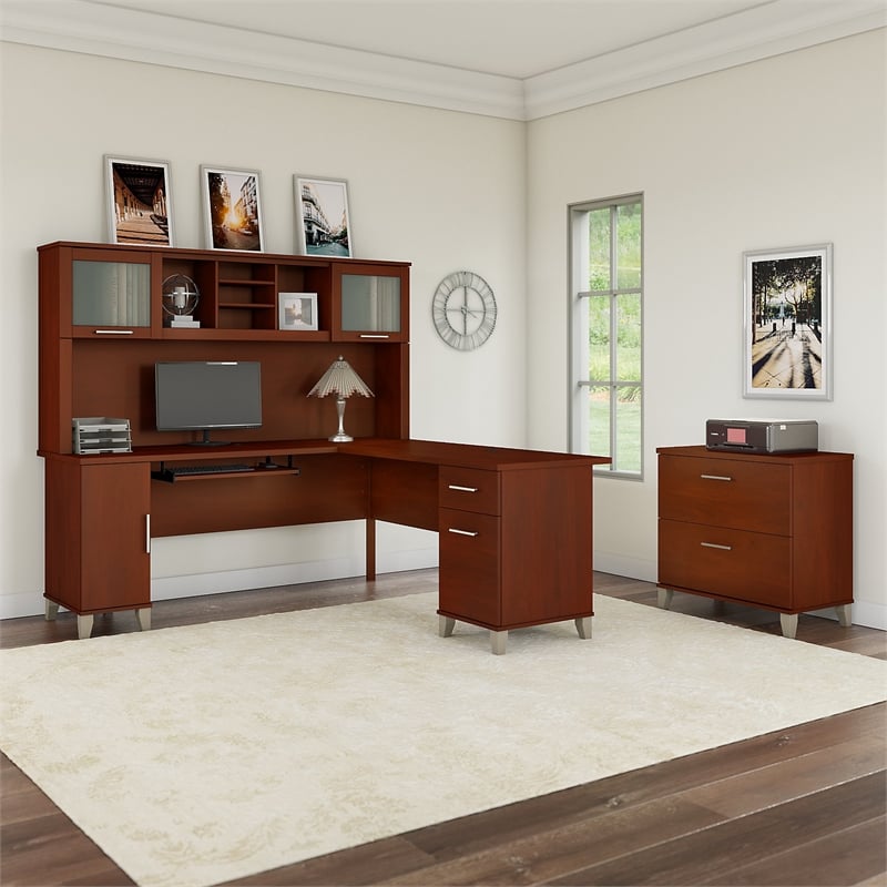 Pemberly Row 72W L Shaped Desk with Hutch and File Cabinet in Cherry