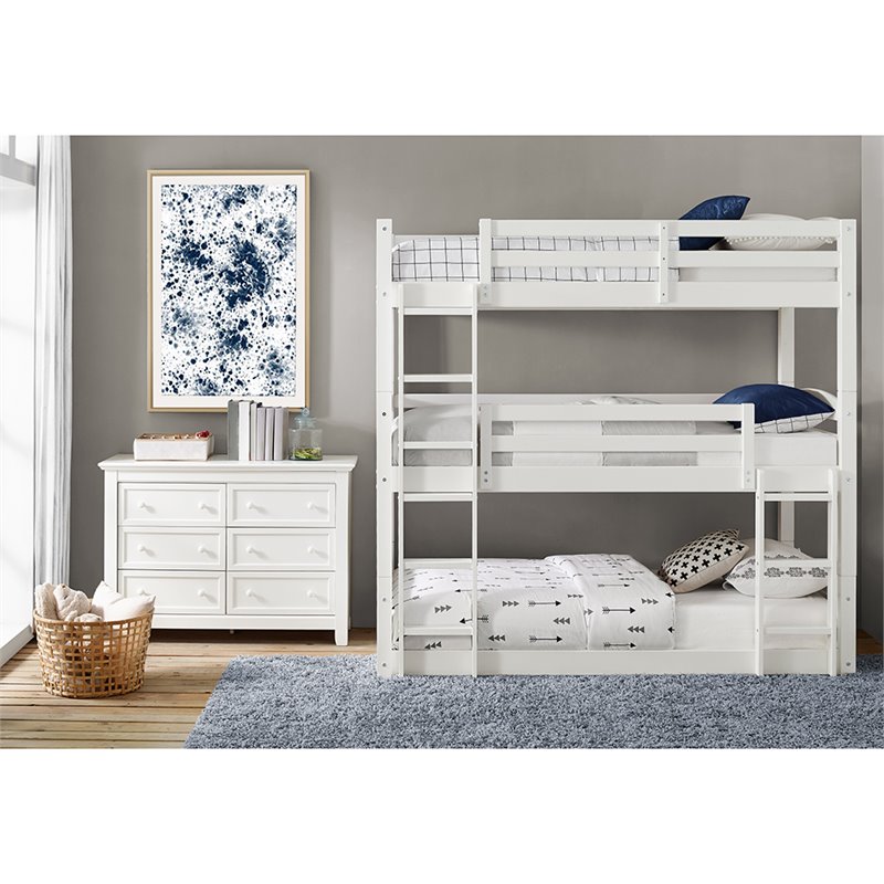 Pemberly Row Traditional Wood Twin Triple Bunk Bed in White Finish