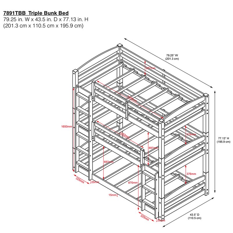 Pemberly Row Traditional Wood Twin Triple Bunk Bed in White Finish