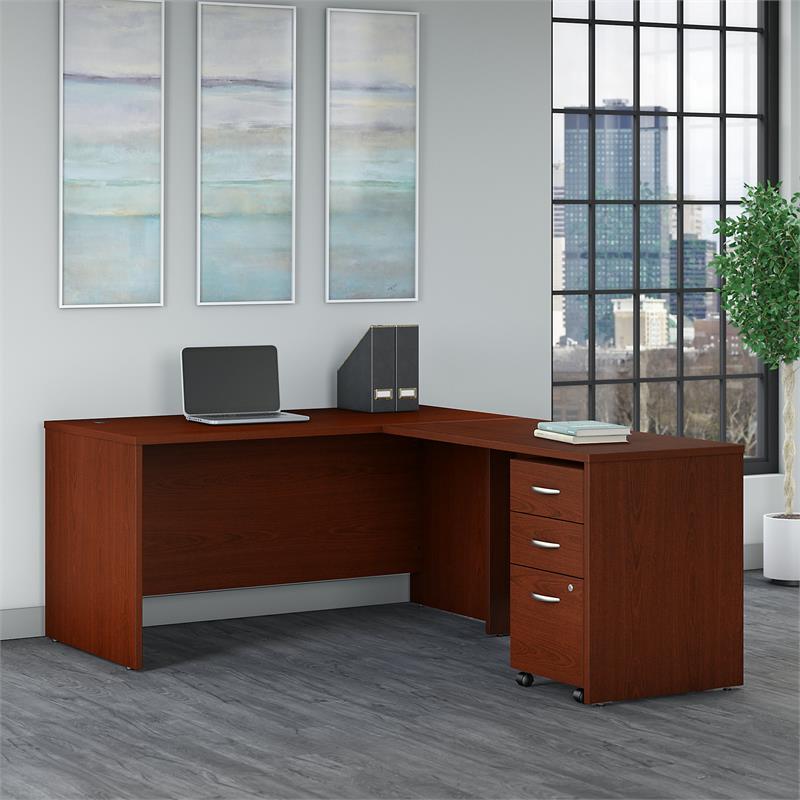 Pemberly Row 60W L Shaped Desk with Drawers in Mahogany - Engineered Wood