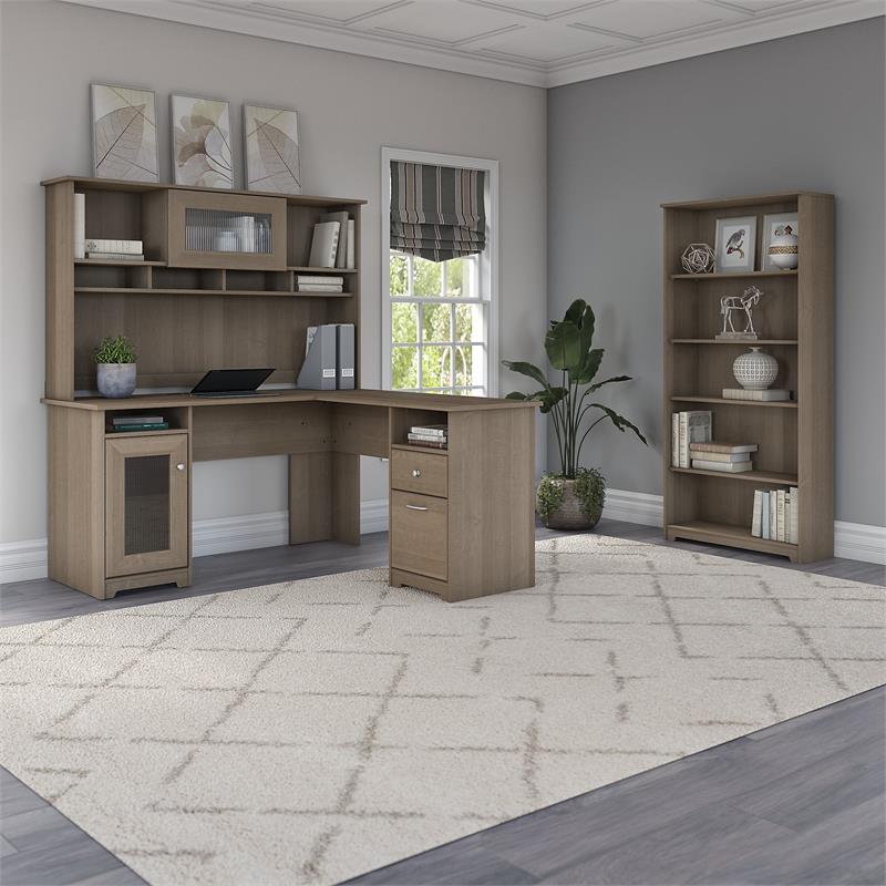 Pemberly Row L Shaped Desk with Hutch and Bookcase in Ash Gray - Engineered Wood