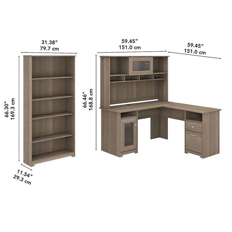 Pemberly Row L Shaped Desk with Hutch and Bookcase in Ash Gray - Engineered Wood