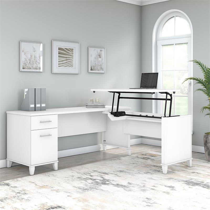 Pemberly Row 72W Sit to Stand L Shaped Desk in White - Engineered Wood