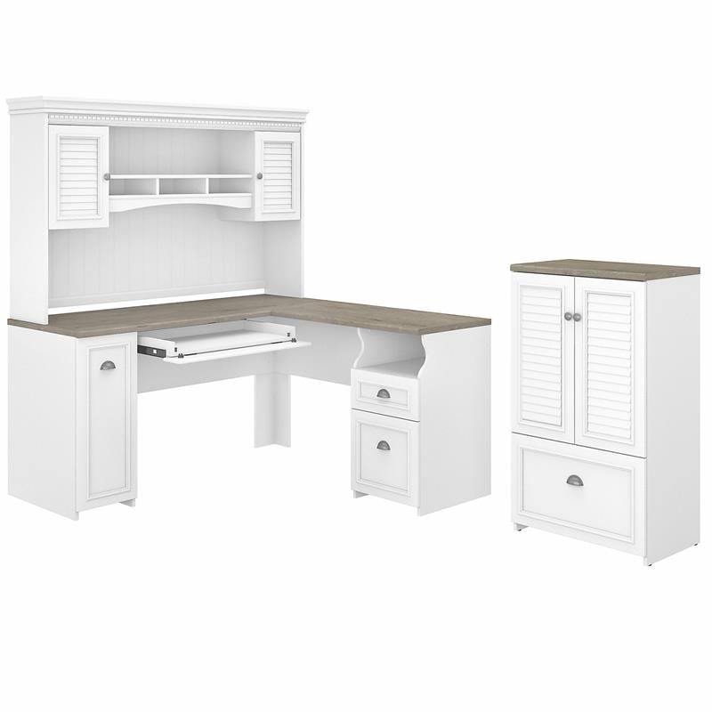 Pemberly Row L Desk with Hutch & Storage Cabinet in White/Gray - Engineered Wood