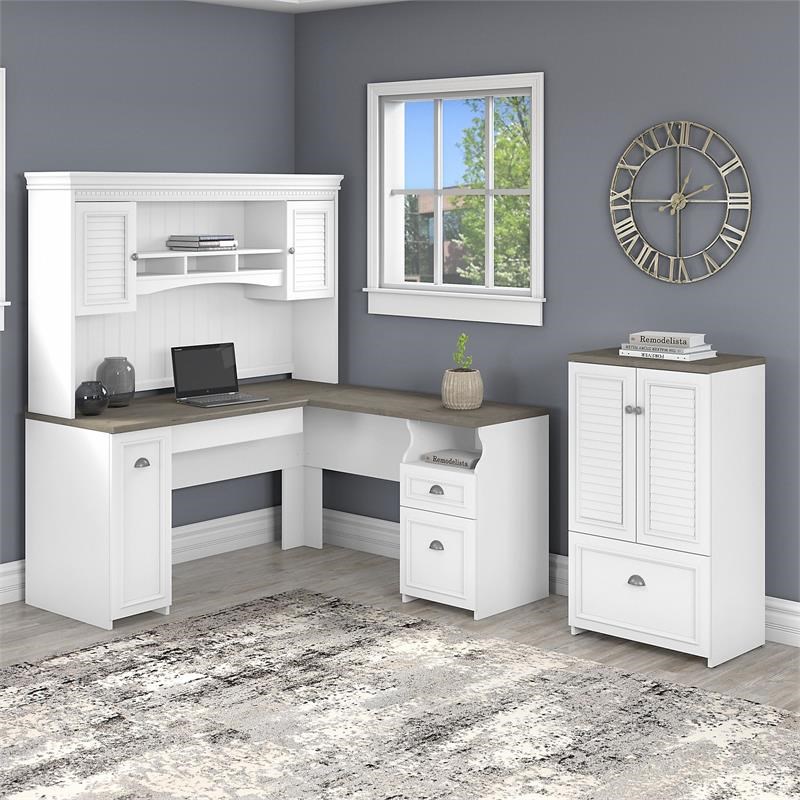 Pemberly Row L Desk with Hutch & Storage Cabinet in White/Gray - Engineered Wood