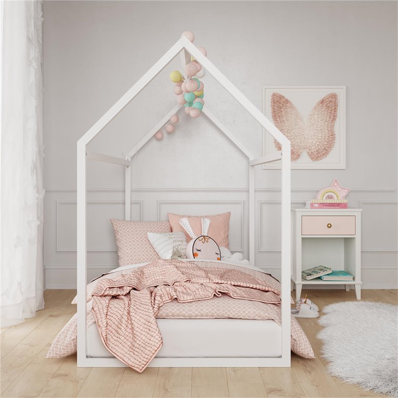 Pemberly Row Modern Kids Metal House Bed Twin Size Frame in White