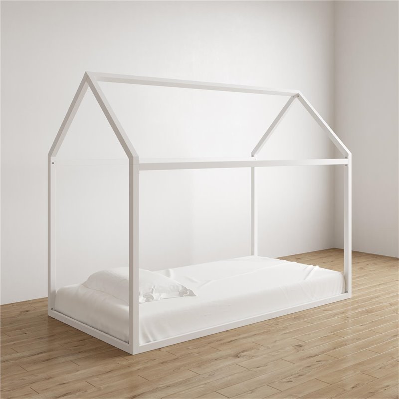 Pemberly Row Modern Kids Metal House Bed Twin Size Frame in White