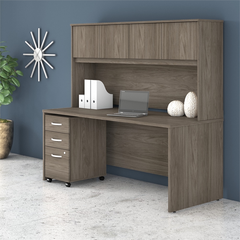 Pemberly Row 72W Desk with Hutch and Drawers in Modern Hickory - Engineered Wood