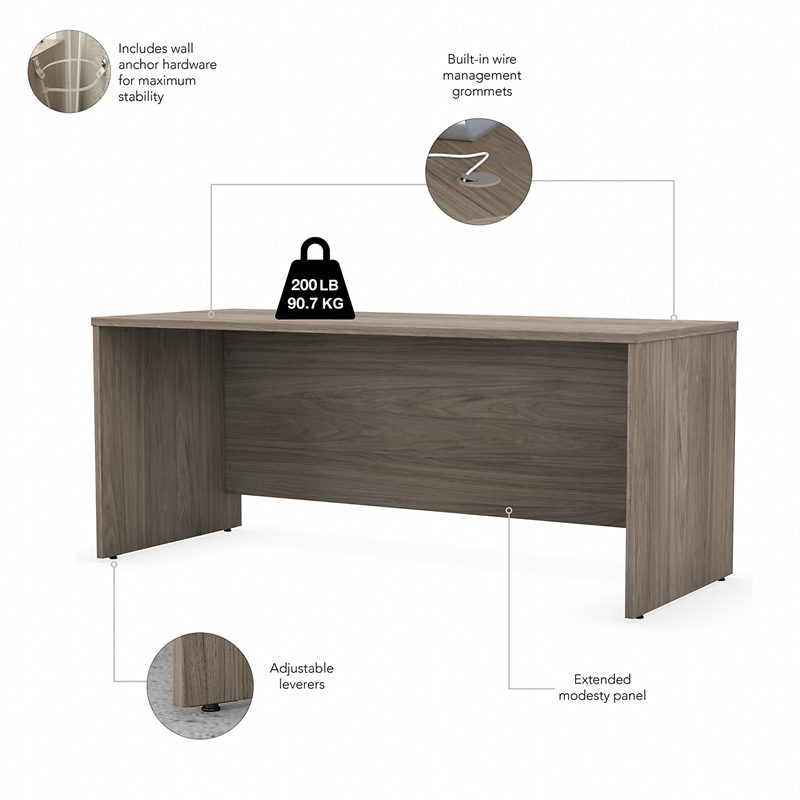Pemberly Row 72W Desk with Hutch and Drawers in Modern Hickory - Engineered Wood