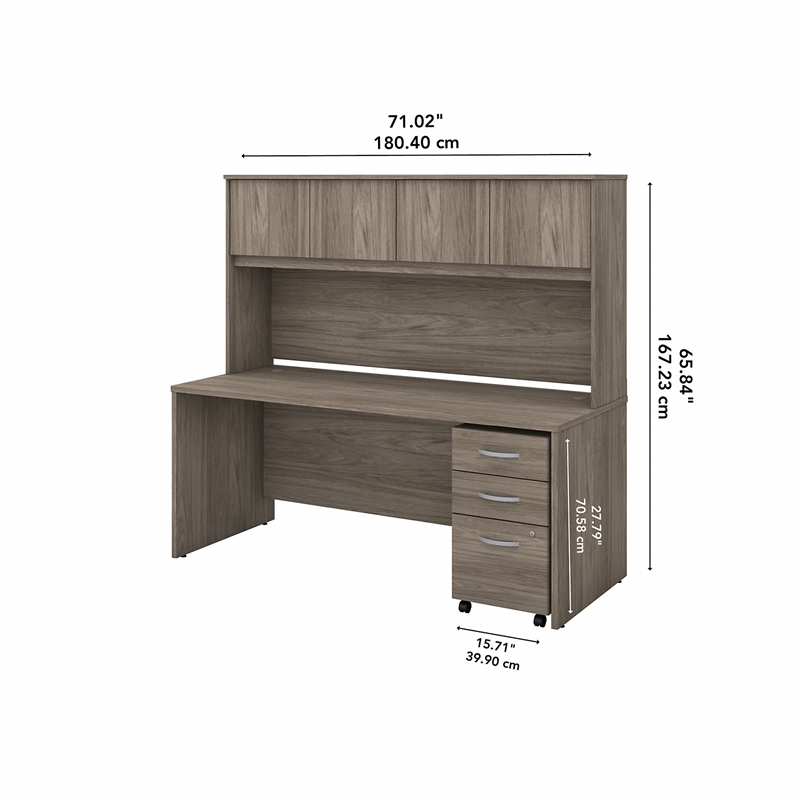 Pemberly Row 72W Desk with Hutch and Drawers in Modern Hickory - Engineered Wood