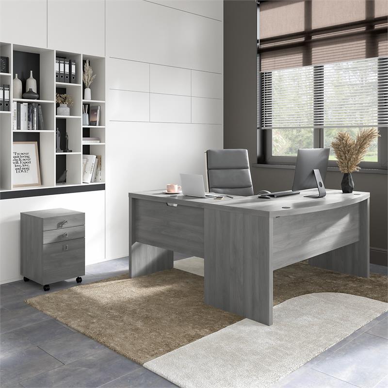 Pemberly Row L Shaped Bow Front Desk with Drawers in Gray - Engineered Wood