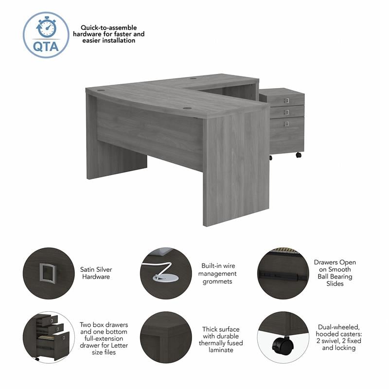 Pemberly Row L Shaped Bow Front Desk with Drawers in Gray - Engineered Wood