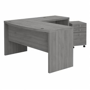 Pemberly Row L Shaped Bow Front Desk with Drawers in Gray - Engineered Wood