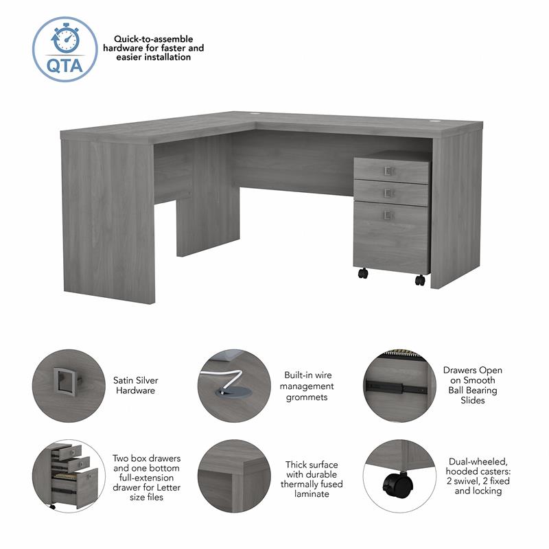 Pemberly Row L Shaped Desk with Mobile File Cabinet in Gray - Engineered Wood