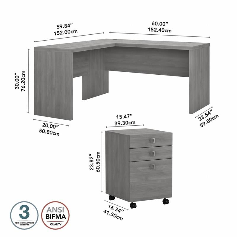 Pemberly Row L Shaped Desk with Mobile File Cabinet in Gray - Engineered Wood