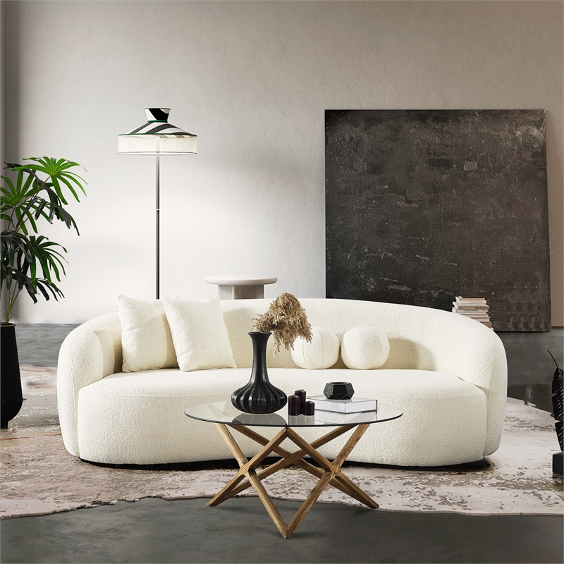 Pemberly Row Living Room French Knitted Boucle Fabric Upholstered Sofa in Cream