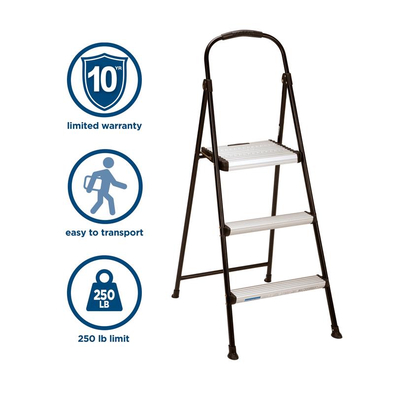 Pemberly Row Three-Step Folding Step Stool with Rubber Hand Grip in Black