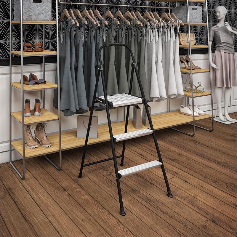 Pemberly Row Three-Step Folding Step Stool with Rubber Hand Grip in Black