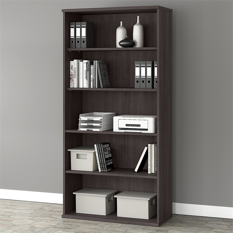 Pemberly Row Tall 5 Shelf Bookcase in Storm Gray - Engineered Wood