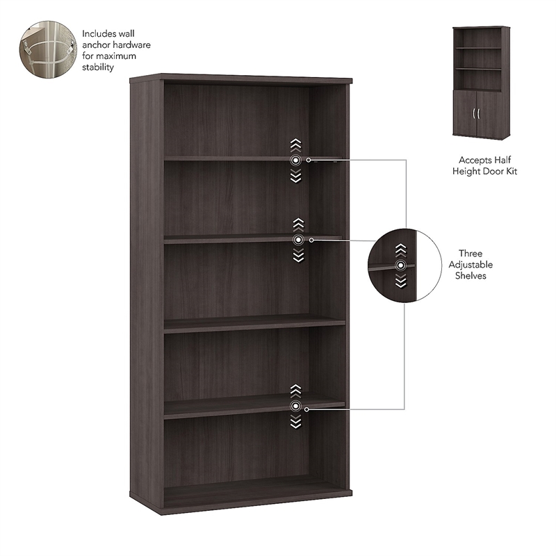 Pemberly Row Tall 5 Shelf Bookcase in Storm Gray - Engineered Wood