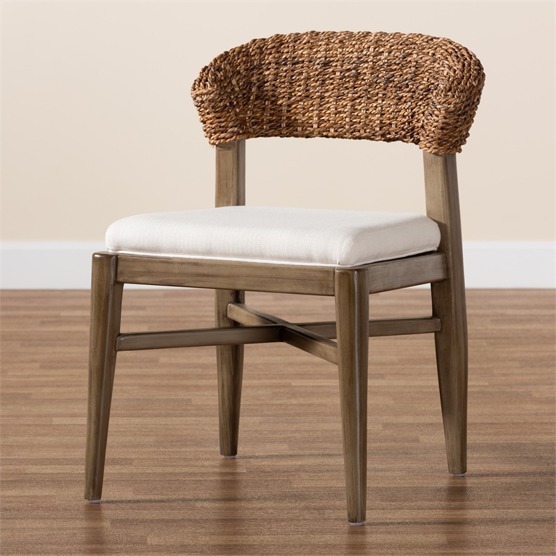 Pemberly Row Brown Mahogany Wood and Natural Rattan Dining Chair