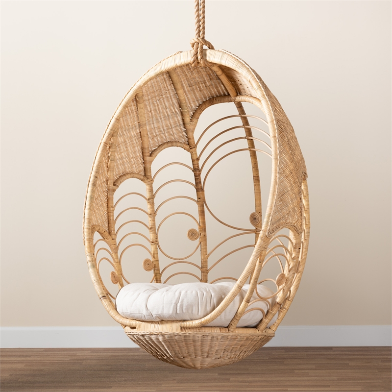 Pemberly Row Modern Bohemian Natural Brown Rattan Hanging Chair