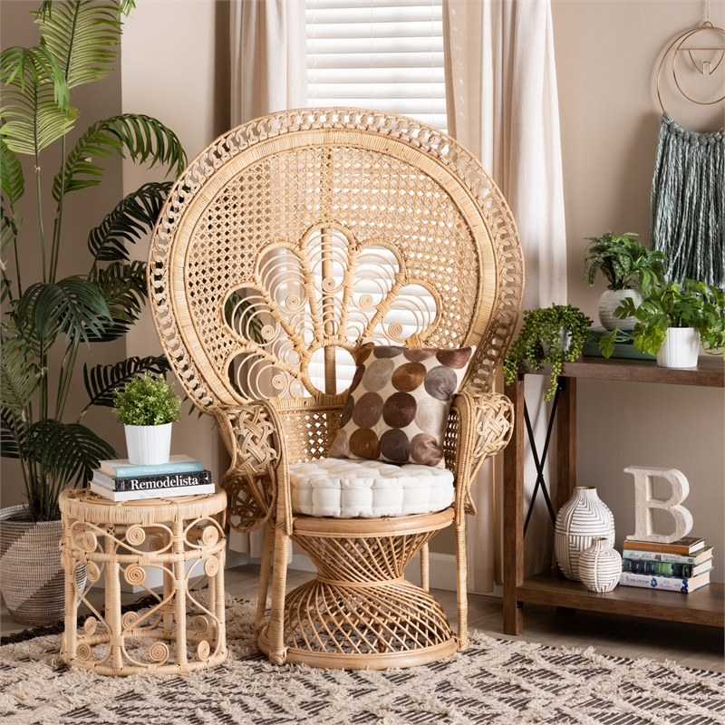 Pemberly Row Modern Bohemian Natural Brown Rattan Peacock Accent Chair