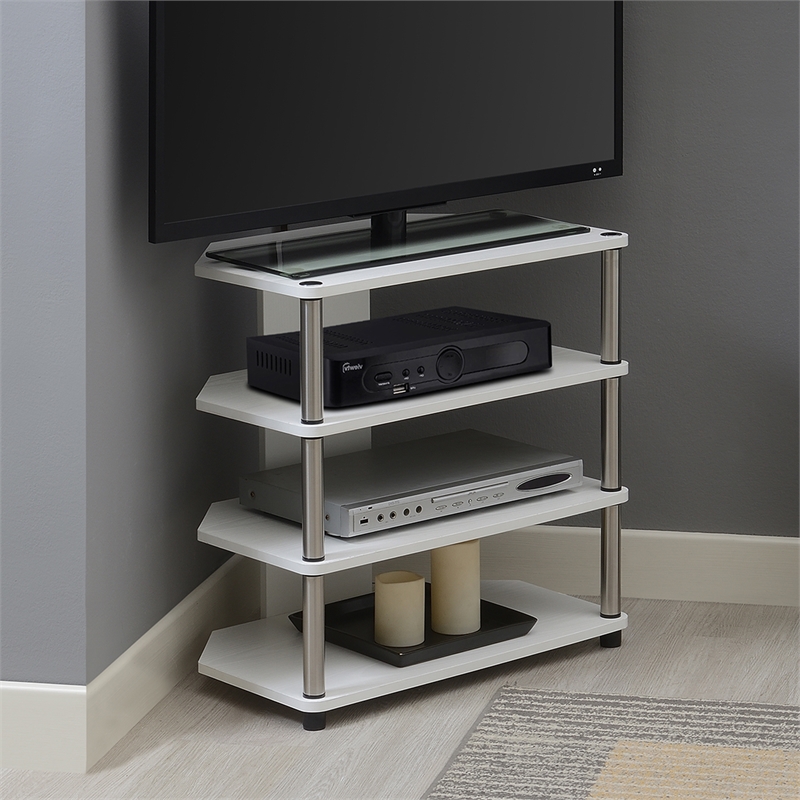 Pemberly Row Corner TV Stand for TVs up to 29 Inches in White Wood Finish