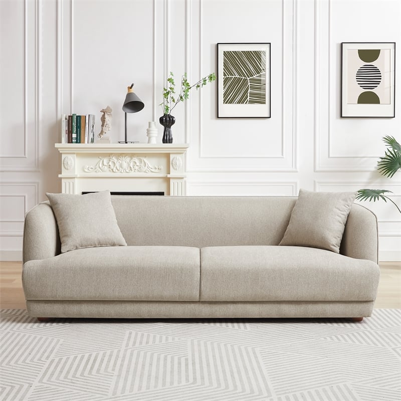 Pemberly Row Mid-Century Modern Living Room Luxury Fabric Linen Couch in Cream