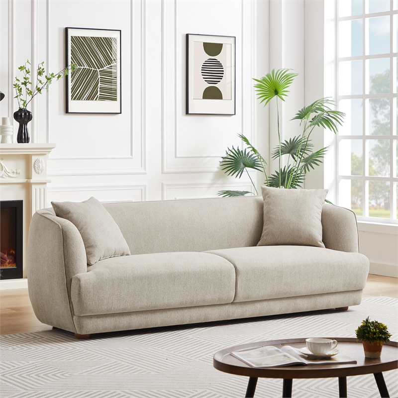 Pemberly Row Mid-Century Modern Living Room Luxury Fabric Linen Couch in Cream