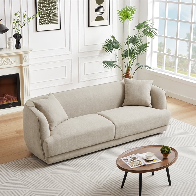 Pemberly Row Mid-Century Modern Living Room Luxury Fabric Linen Couch in Cream