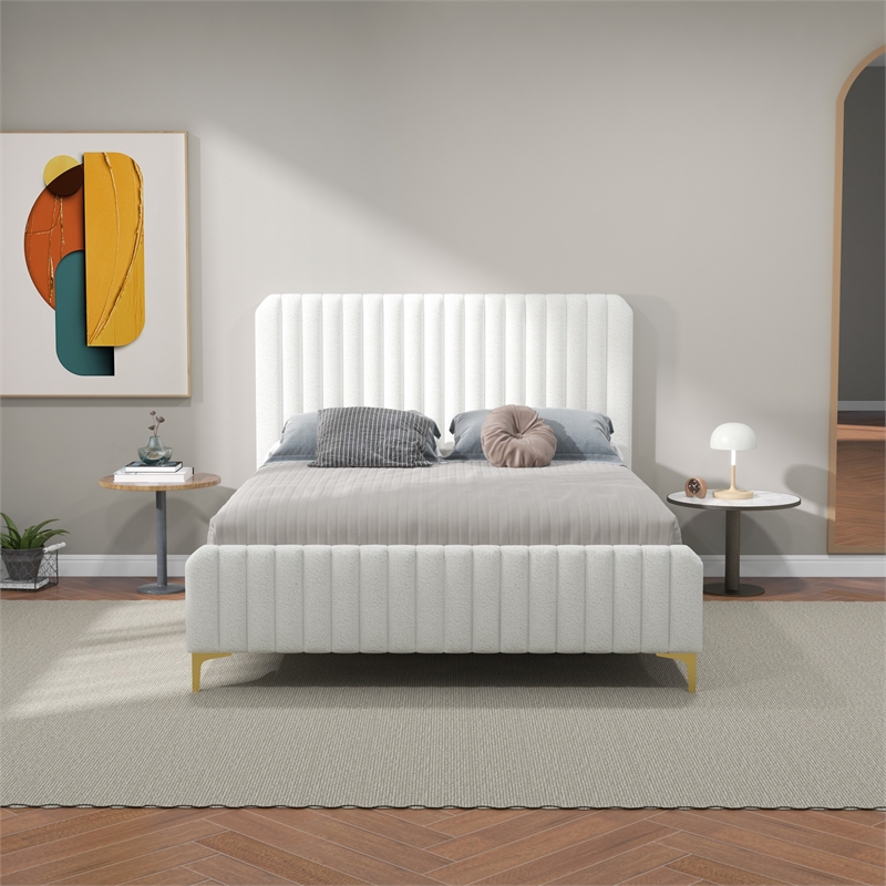 Pemberly Row Upholstered Mid-Century Fabric Queen Size Platform Bed in Cream