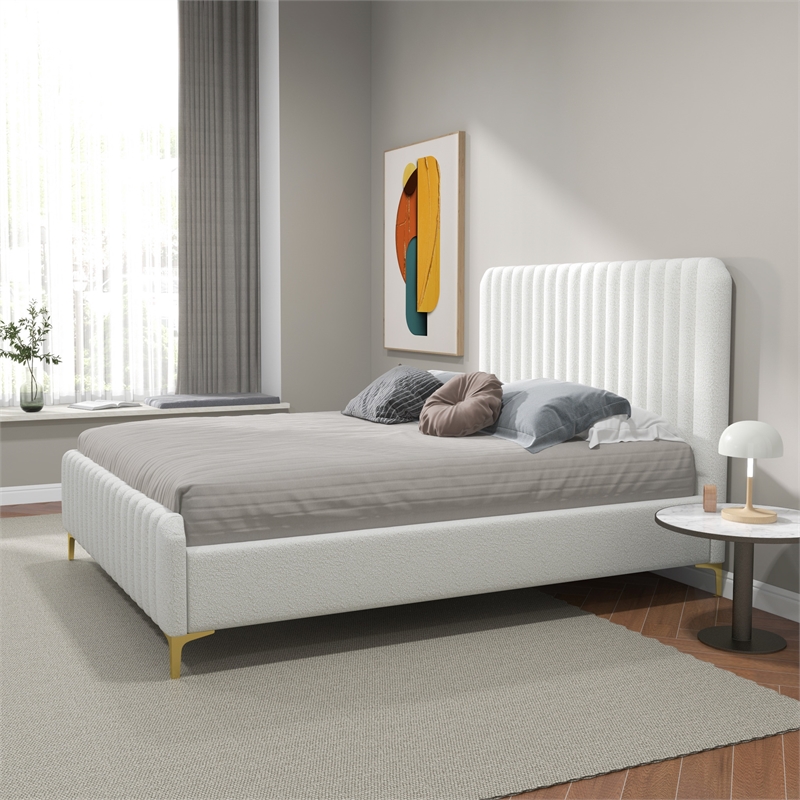 Pemberly Row Upholstered Mid-Century Fabric Queen Size Platform Bed in Cream