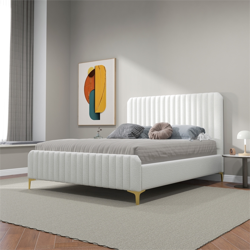Pemberly Row Upholstered Mid-Century Fabric Queen Size Platform Bed in Cream