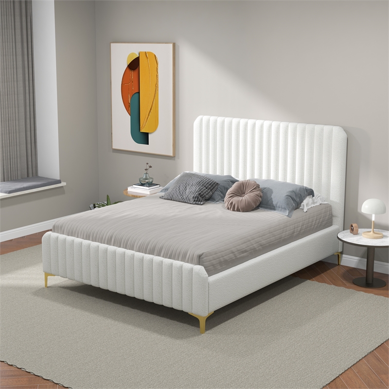 Pemberly Row Upholstered Mid-Century Fabric Queen Size Platform Bed in Cream