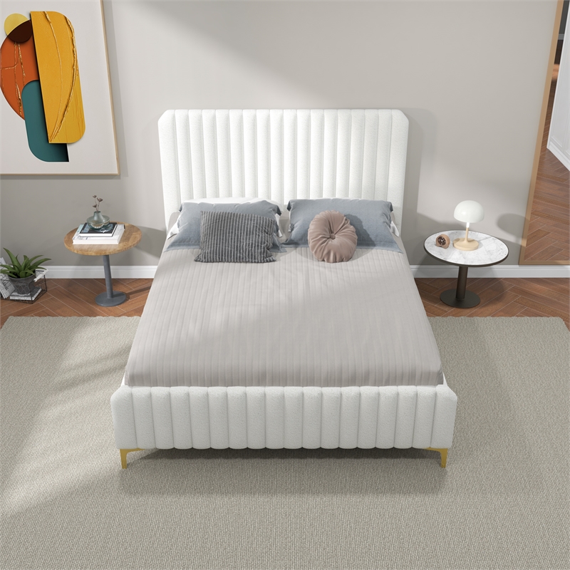 Pemberly Row Upholstered Mid-Century Fabric Queen Size Platform Bed in Cream