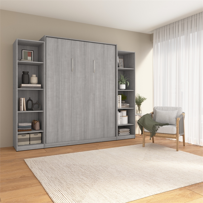 Pemberly Row Wood Queen Murphy Bed with Closet Organizers in Gray