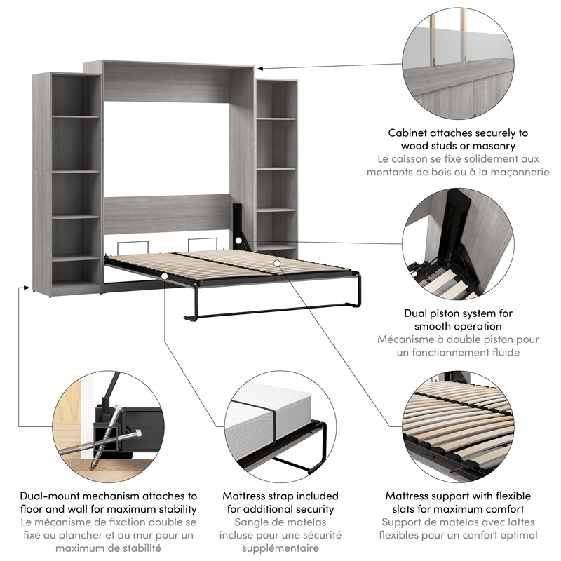 Pemberly Row Wood Queen Murphy Bed with Closet Organizers in Gray