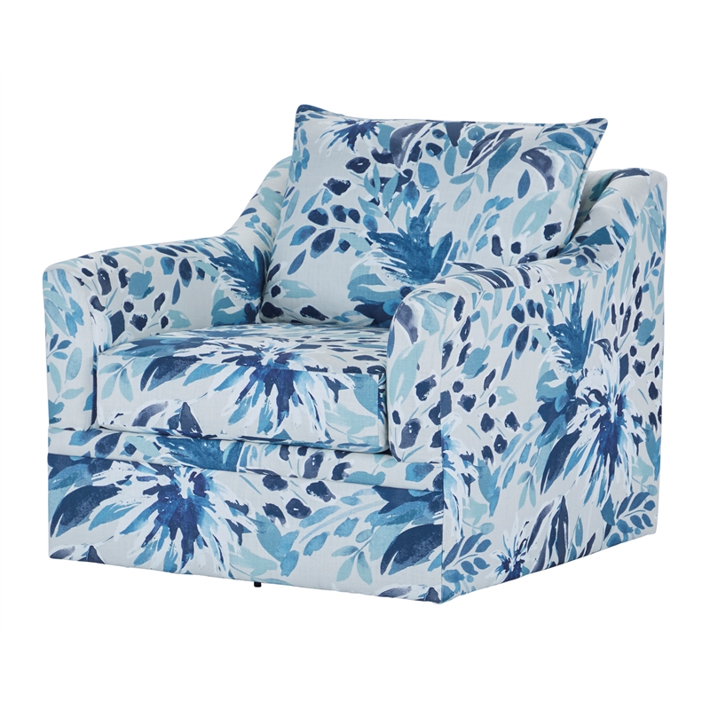 Pemberly Row Polyester Fabric Swivel Chair in Blue and White
