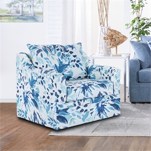 Pemberly Row Polyester Fabric Swivel Chair in Blue and White