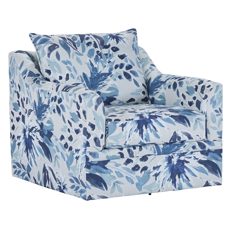Pemberly Row Polyester Fabric Swivel Chair in Blue and White