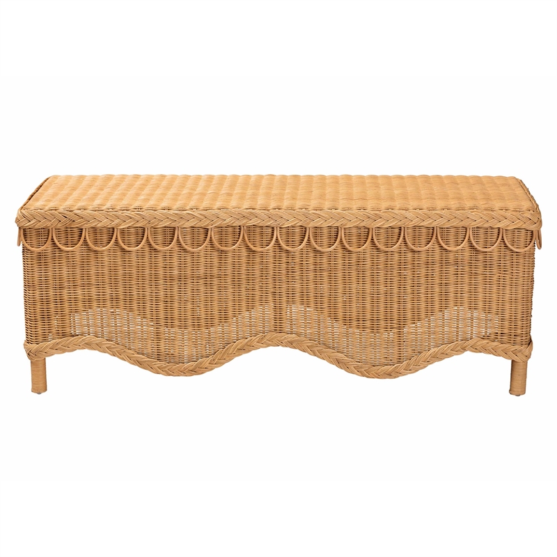 Pemberly Row Bohemian Light Honey Rattan Accent Bench with Scallop border
