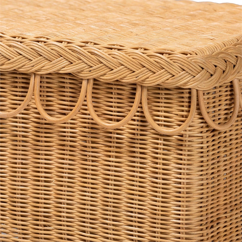 Pemberly Row Bohemian Light Honey Rattan Accent Bench with Scallop border
