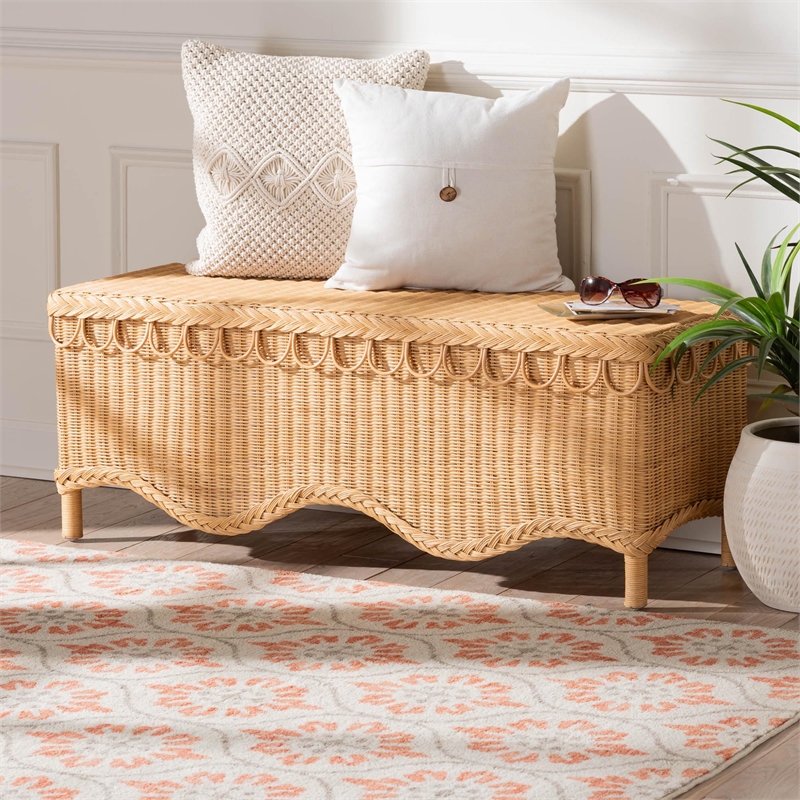 Pemberly Row Bohemian Light Honey Rattan Accent Bench with Scallop border