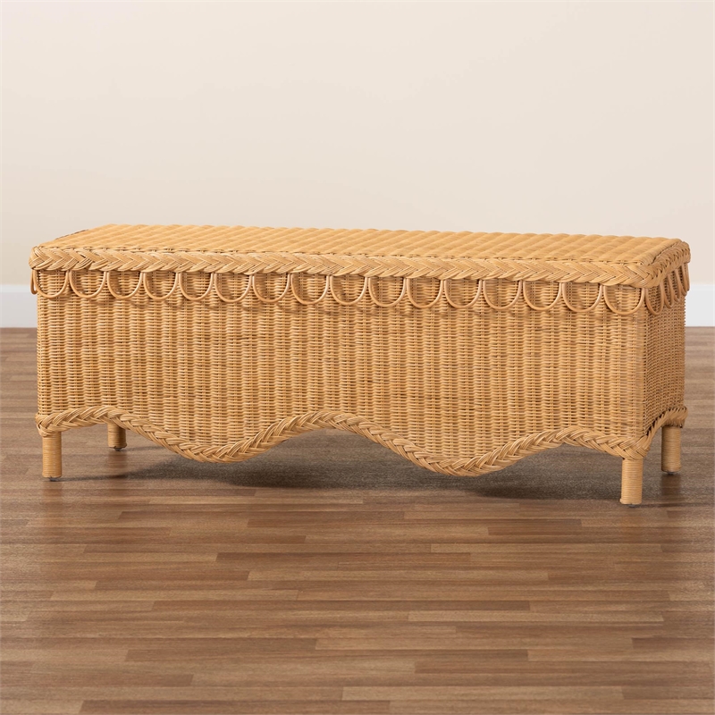 Pemberly Row Bohemian Light Honey Rattan Accent Bench with Scallop border